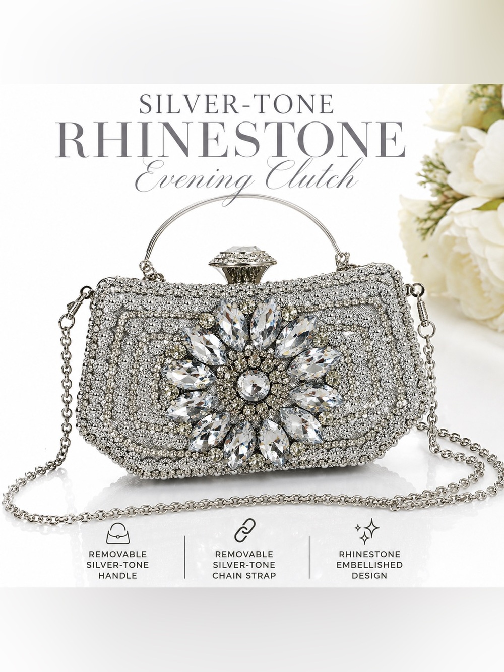 Silver-Tone Rhinestone Embellished Evening Clutch Bag Wedding Prom Formal purse